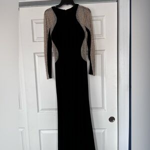 Xscape Black and Gold Long Sleeve Dress